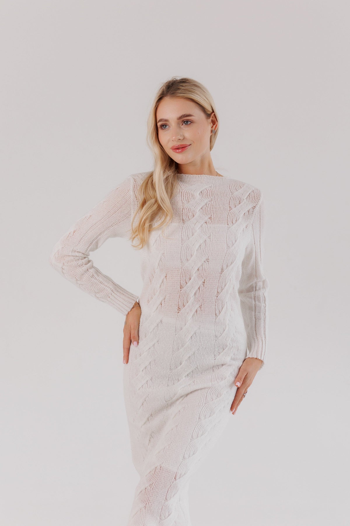 White Knit Midi Dress — Wool Blend Cable Knit Bodycon, Winter Elegant Dress