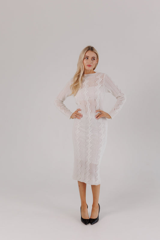 White Knit Midi Dress — Wool Blend Cable Knit Bodycon, Winter Elegant Dress