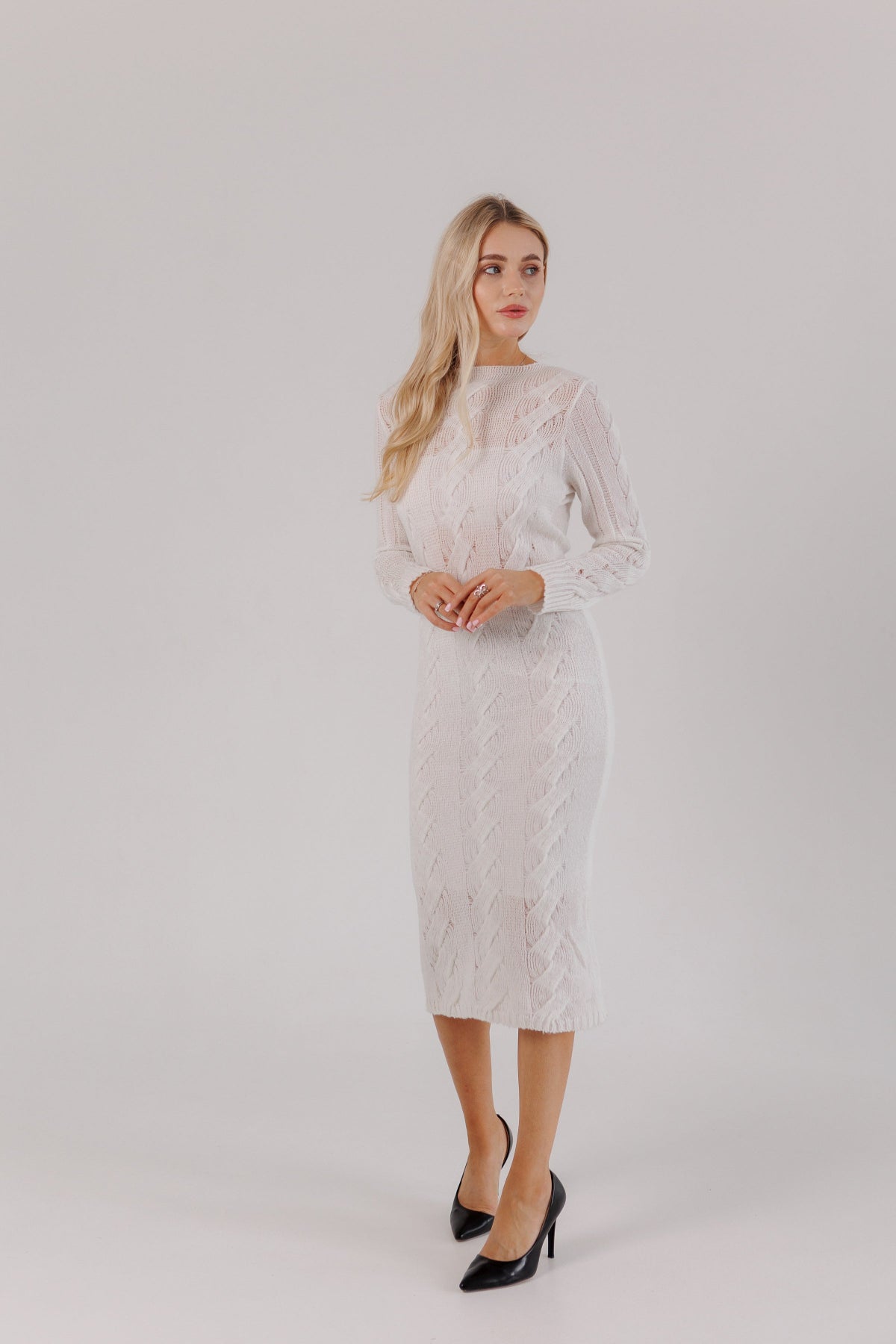 White Knit Midi Dress — Wool Blend Cable Knit Bodycon, Winter Elegant Dress
