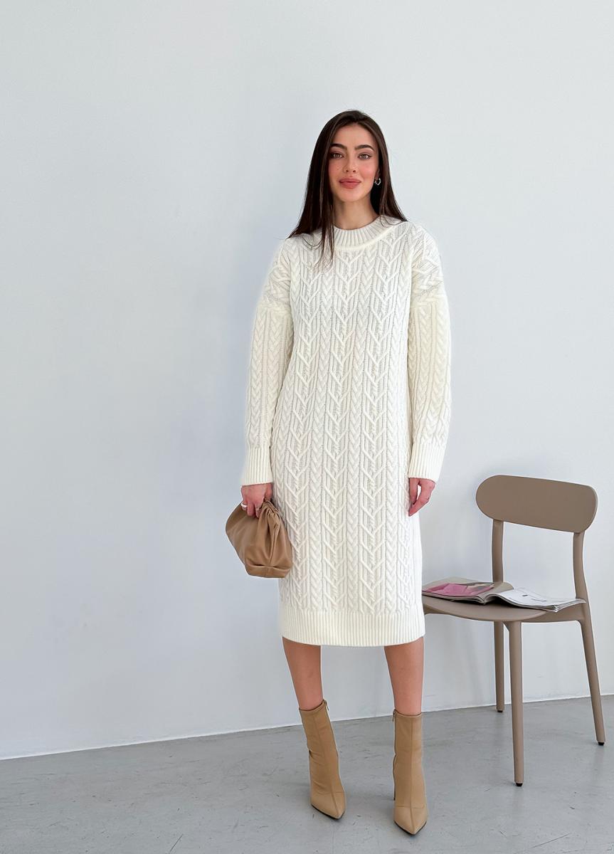 White  Knit Wool Dress – Oversized Cable Knit Scandinavian Style