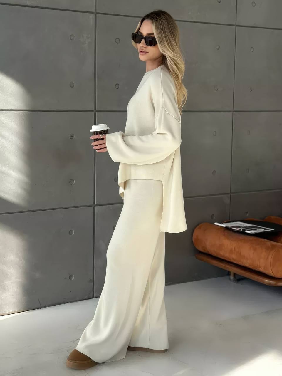 White Knit Lounge Set – Premium Soft Sweater & Wide-Leg Pants