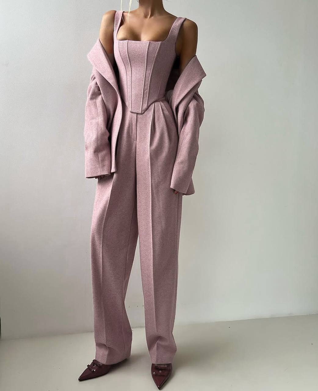 Women’s 3-Piece Pink Suit – Blazer + Corset Top + Wide-Leg Pants, Elegant Modern Set