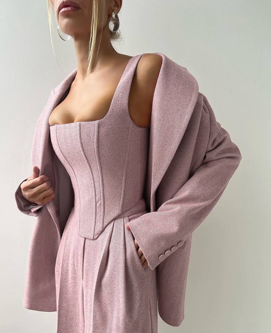 Women’s 3-Piece Pink Suit – Blazer + Corset Top + Wide-Leg Pants, Elegant Modern Set