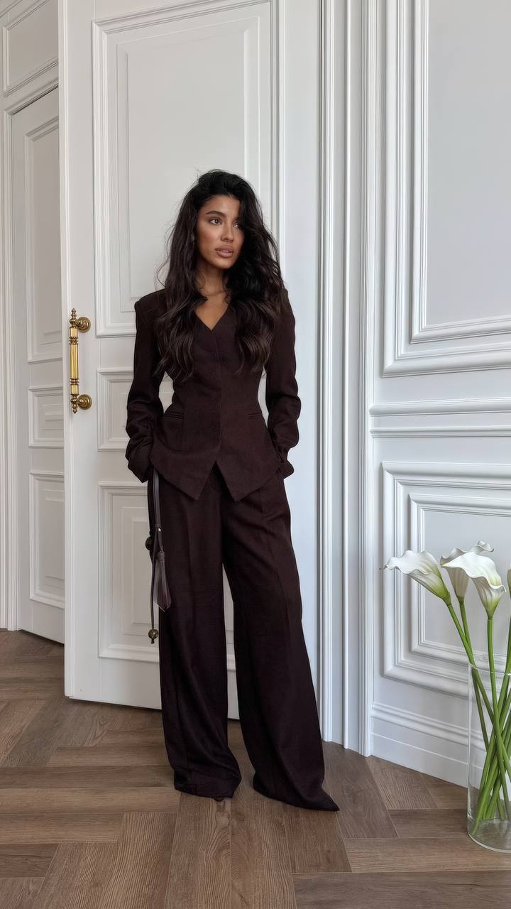 Woman in a brown suit standing in a room with white paneled walls and a vase of flowers on a table.