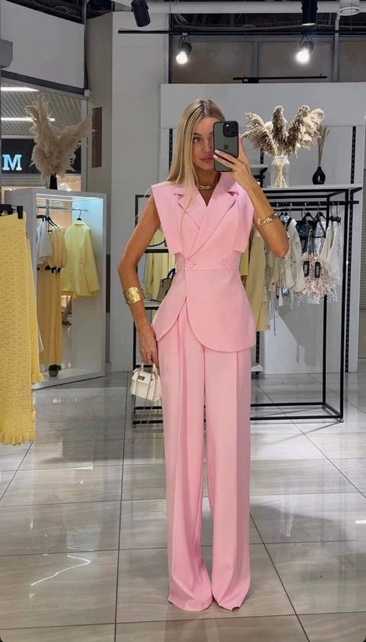 Women’s Vest Suit Set, Sleeveless Blazer & Wide Leg Pants, 2 Piece Outfit, Office Look, Minimalist Tailored Set, Summer Suit