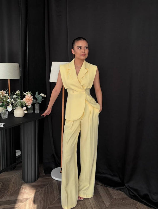 Women’s Vest Suit Set, Sleeveless Blazer & Wide Leg Pants, 2 Piece Outfit, Office Look, Minimalist Tailored Set, Summer Suit