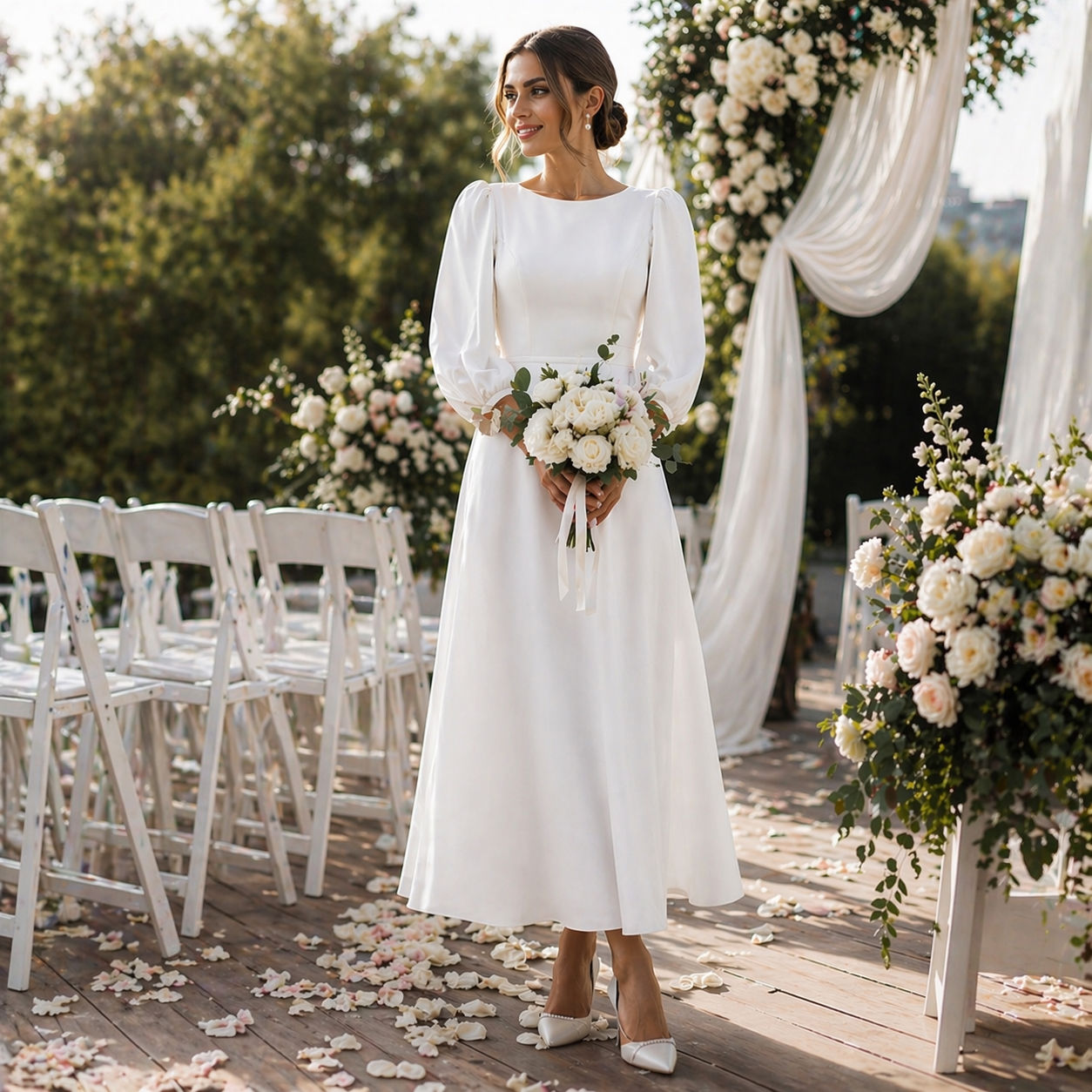 Woman in a white wedding dress holding flowers at an outdoor wedding venue. Wedding Guest Dress