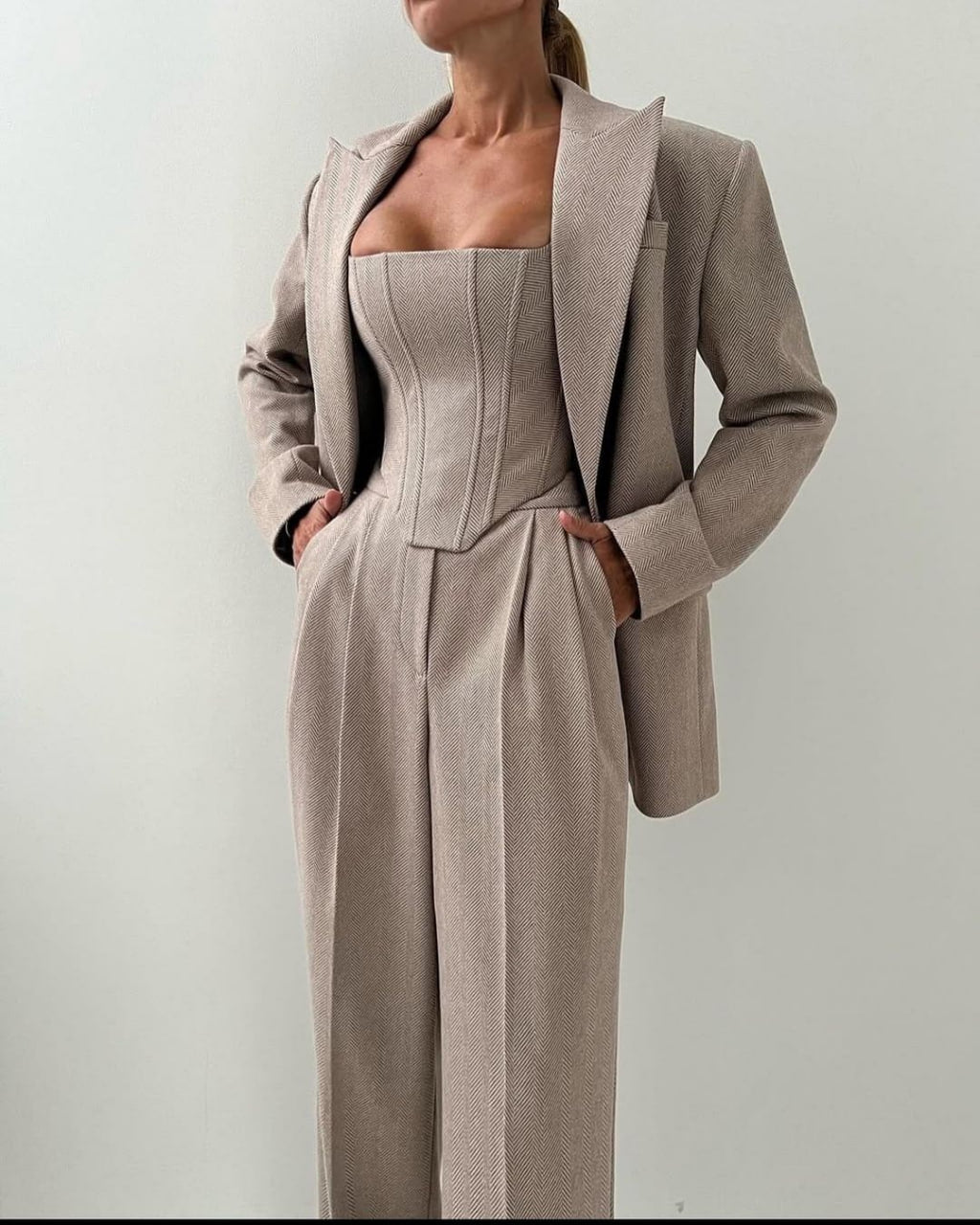Beige Women’s 3-Piece Suit – Blazer + Corset Top + Wide-Leg Pants
