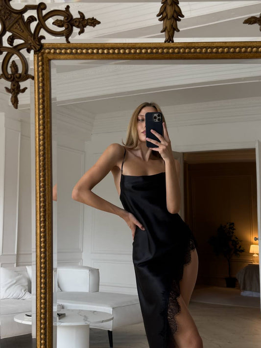Black Satin Slip Dress – Lace Detail Nightgown, Elegant Lingerie Chemise