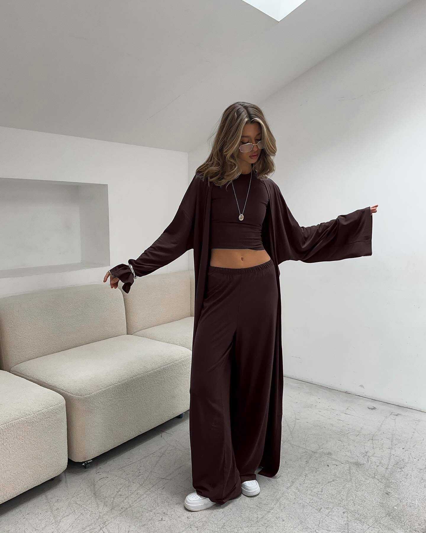 Women’s 3-Piece Viscose Lounge Set – Cardigan, Long Sleeve Top & Wide-Leg Pants