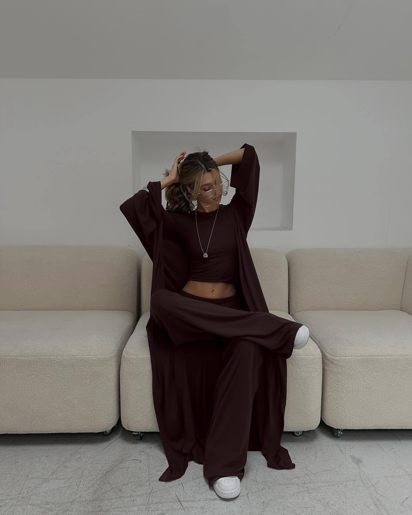 Women’s 3-Piece Viscose Lounge Set – Cardigan, Long Sleeve Top & Wide-Leg Pants