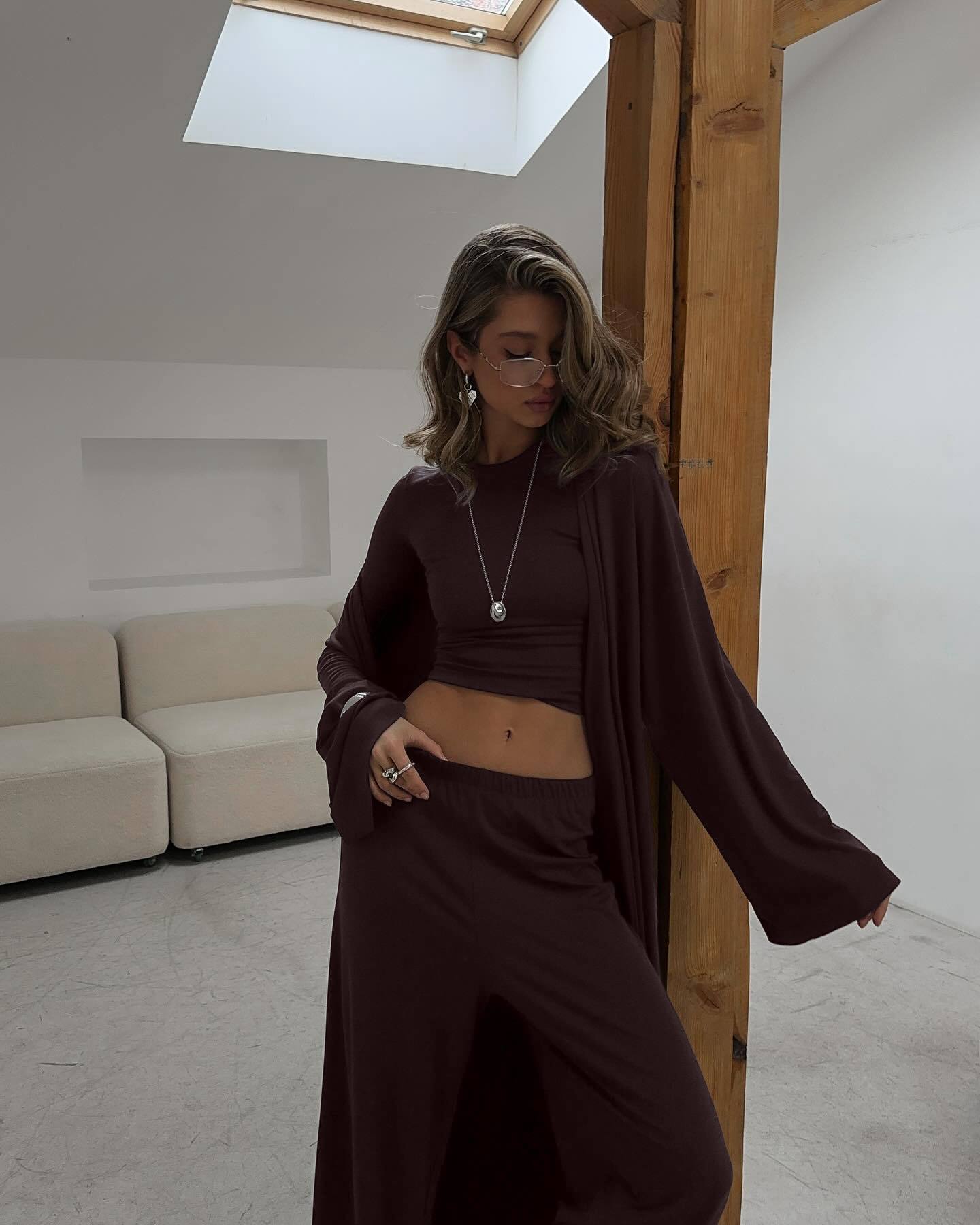 Women’s 3-Piece Viscose Lounge Set – Cardigan, Long Sleeve Top & Wide-Leg Pants