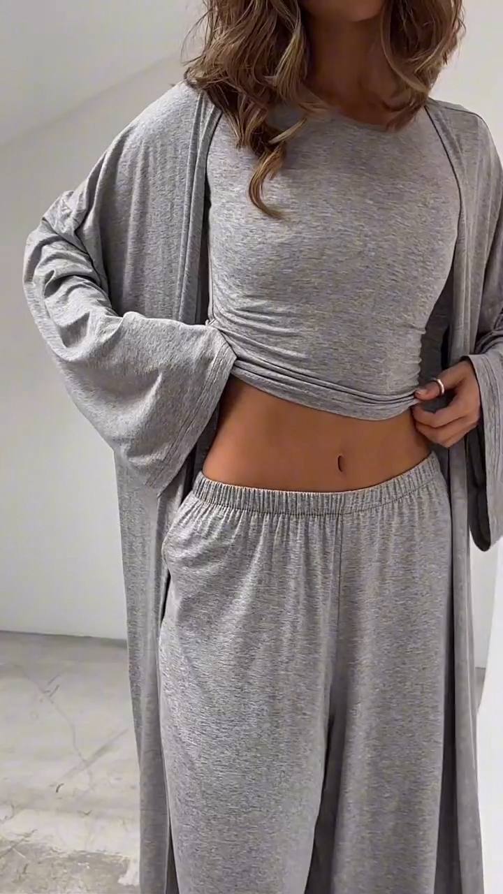 Women’s 3-Piece Viscose Lounge Set – Cardigan, Long Sleeve Top & Wide-Leg Pants