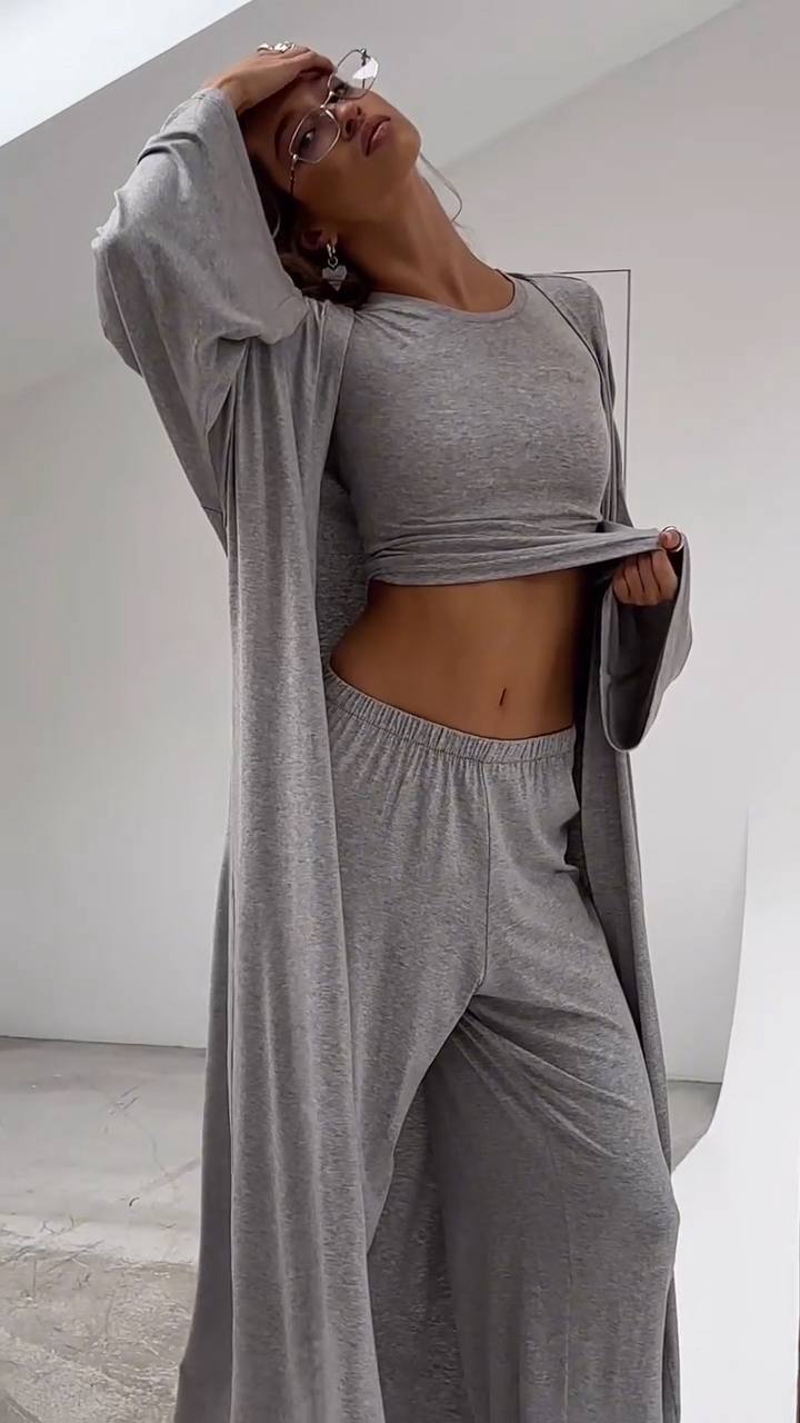 Women’s 3-Piece Viscose Lounge Set – Cardigan, Long Sleeve Top & Wide-Leg Pants