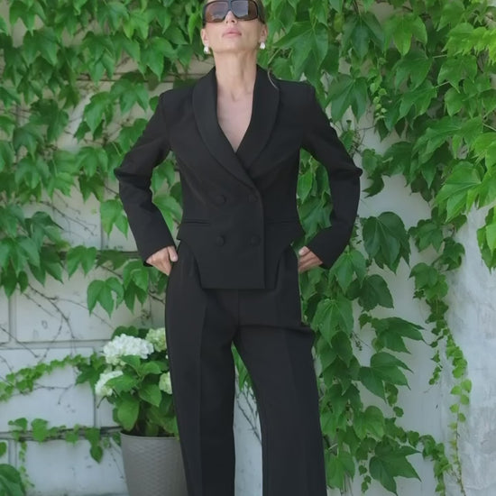 Women's 2 Piece Pants Suit, Double Breasted Blazer Set, Wide Leg Trousers, Business Suit