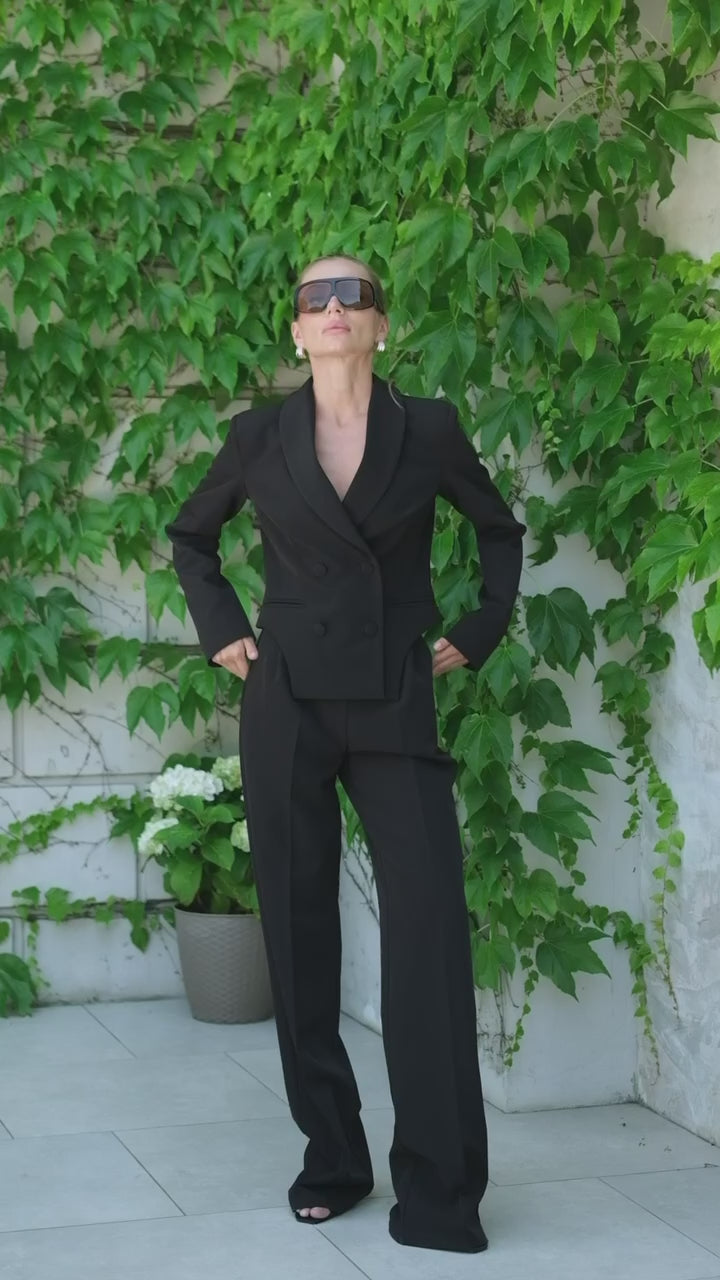 Women's 2 Piece Pants Suit, Double Breasted Blazer Set, Wide Leg Trousers, Business Suit