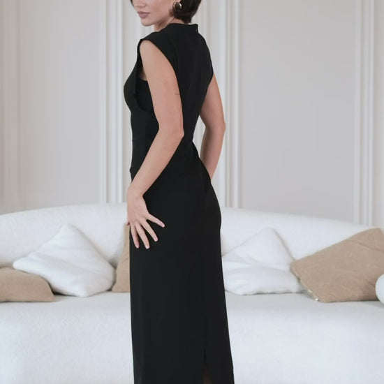 Elegant Midi Pencil Dress with Gold Hardware, Sleeveless Structured Evening Cocktail Dress, Party Dress, Wedding Guest Dress, Clothing Gift