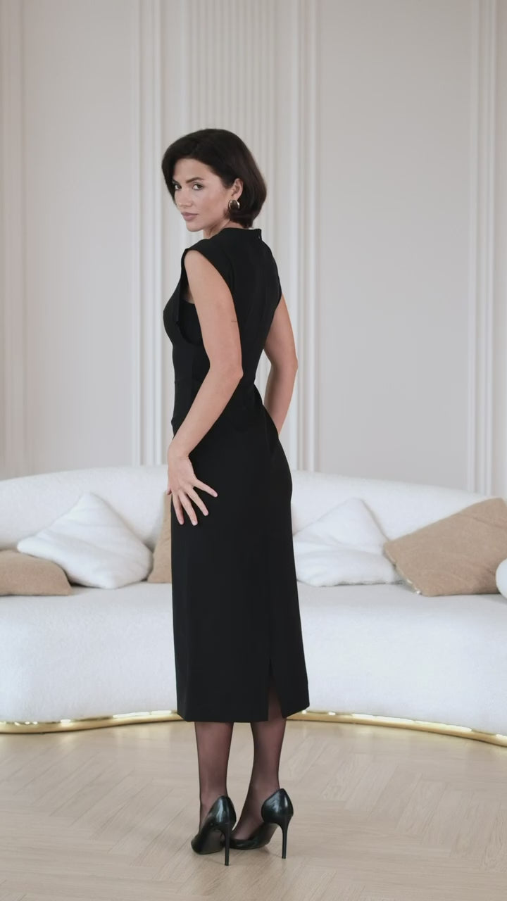 Elegant Midi Pencil Dress with Gold Hardware, Sleeveless Structured Evening Cocktail Dress, Party Dress, Wedding Guest Dress, Clothing Gift