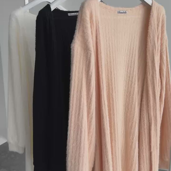 Long Brushed Knit Cardigan with Belt, Soft Cozy Ribbed Knit | Fall Winter Layer