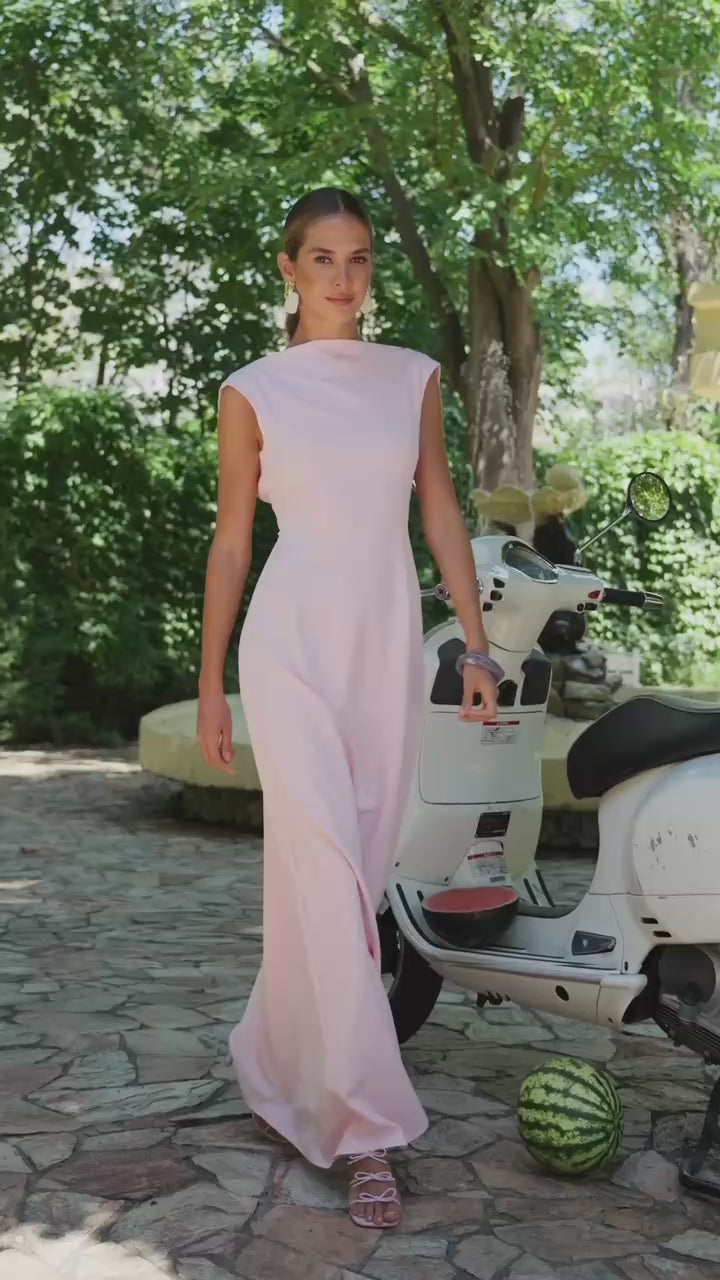 Maxi Dress with Open Back Tie, Elegant Sleeveless Formal Gown, 
Wedding Guest & Graduation Evening Dress