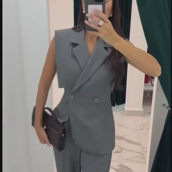 Women’s Vest Suit Set, Sleeveless Blazer & Wide Leg Pants, 2 Piece Outfit, Office Look, Minimalist Tailored Set, Summer Suit