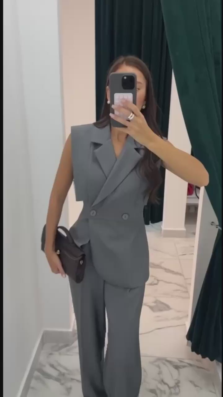 Women’s Vest Suit Set, Sleeveless Blazer & Wide Leg Pants, 2 Piece Outfit, Office Look, Minimalist Tailored Set, Summer Suit