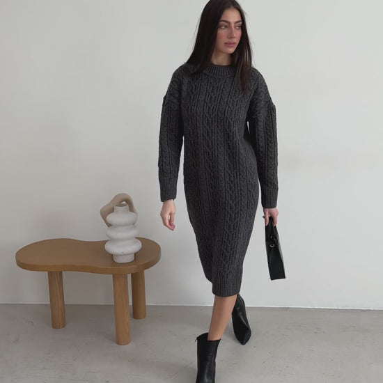 Grey Knit Wool Dress – Oversized Cable Knit Scandinavian Style
