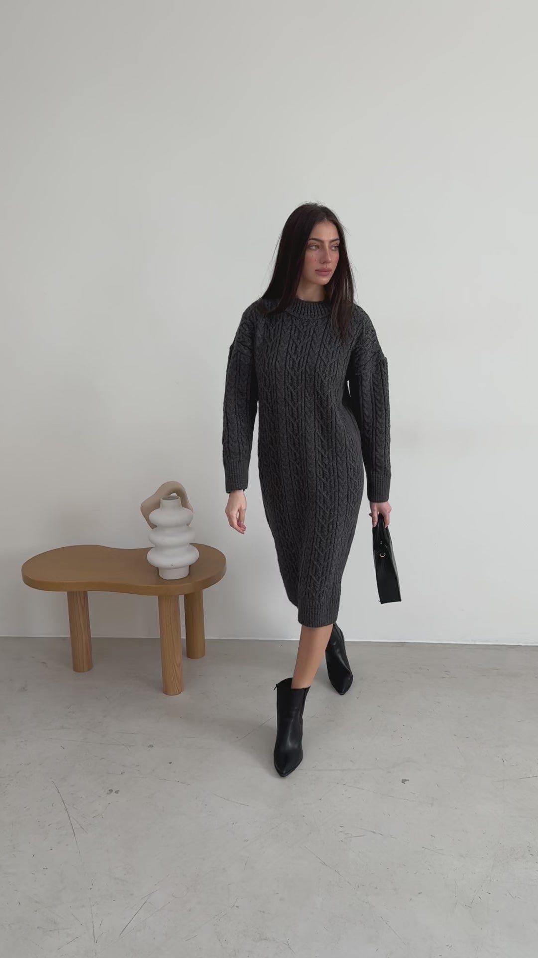 Grey Knit Wool Dress – Oversized Cable Knit Scandinavian Style