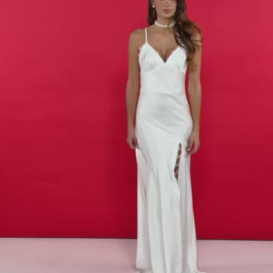 Satin Slip Dress with Lace Trim, Maxi Lace Evening Dress, Wedding Guest Dress