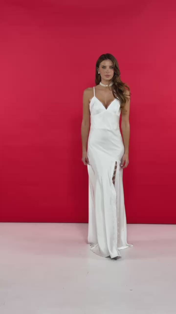 Satin Slip Dress with Lace Trim, Maxi Lace Evening Dress, Wedding Guest Dress