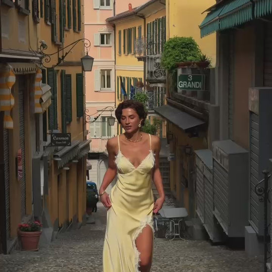 Satin Slip Dress with Lace Trim, Maxi Lace Evening Dress, Wedding Guest Dress