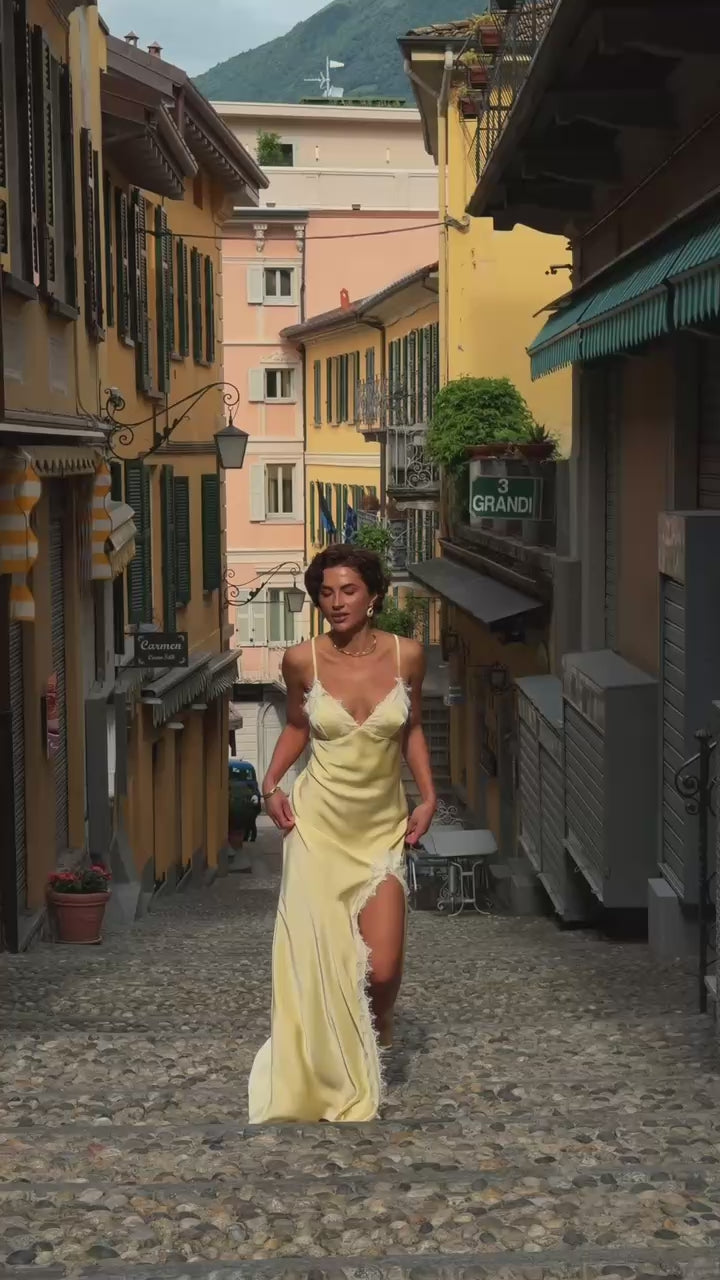 Satin Slip Dress with Lace Trim, Maxi Lace Evening Dress, Wedding Guest Dress