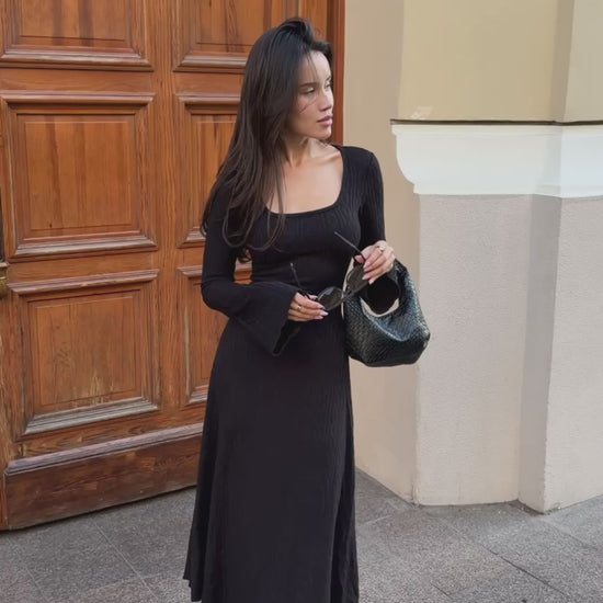Knit Corset Midi Dress, Square Neck Long Sleeve Cable Knit Dress, Corset Back Tie Sweater Dress, Elegant  Maxi Dress, Clothing Gift for Her