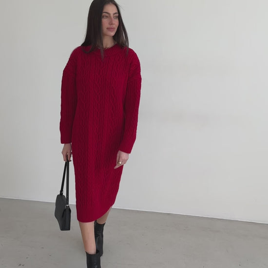 Red Knit Wool Dress – Oversized Cable Knit Scandinavian Style