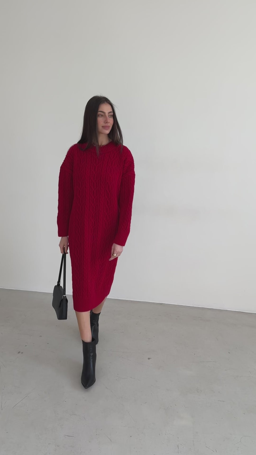 Red Knit Wool Dress – Oversized Cable Knit Scandinavian Style
