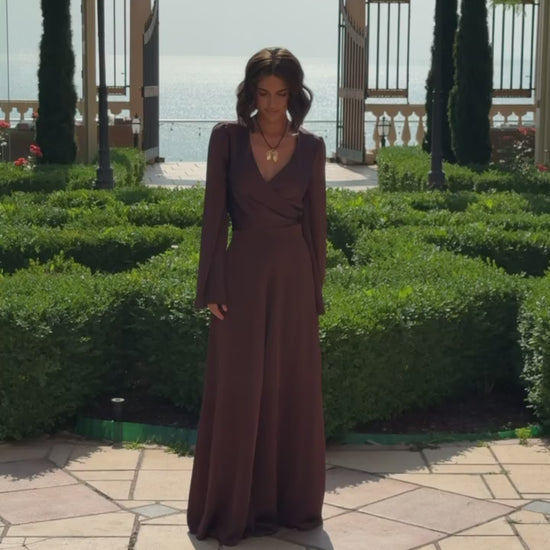 Satin Wrap Top + Wide Leg Pants Suit Women, Long  Sleeve Top, Palazzo Pants, Wedding Guest Outfit