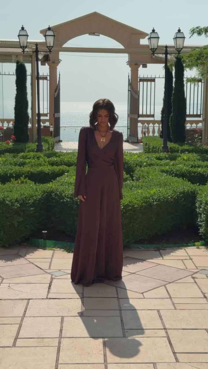 Satin Wrap Top + Wide Leg Pants Suit Women, Long  Sleeve Top, Palazzo Pants, Wedding Guest Outfit