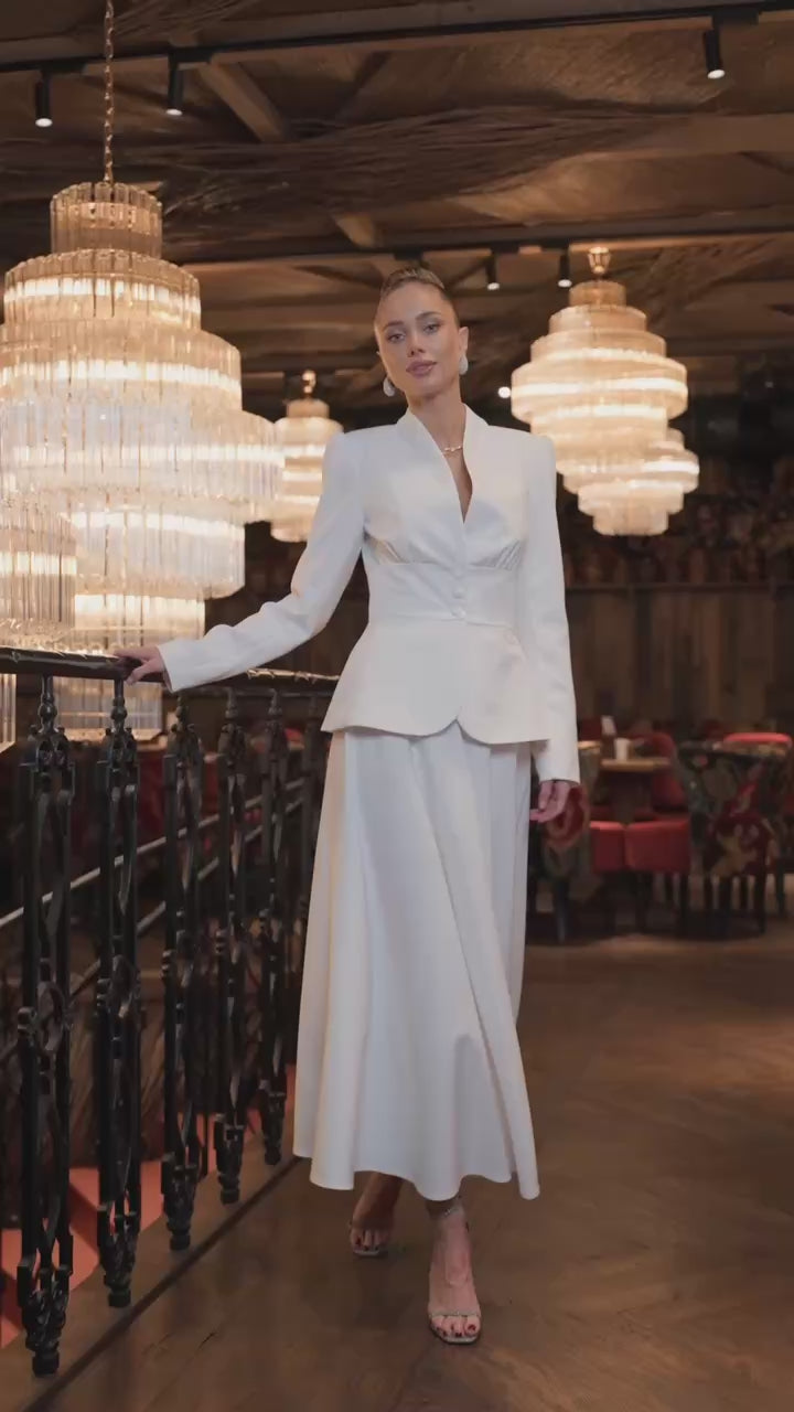 Women's 2 Piece Suit, Crepe Blazer & Midi Skirt Set,  Elegant Office Suit, Wedding Guest & Formal Occasion Outfit